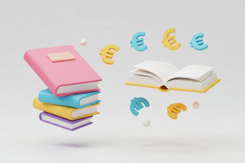 © Lek - stock.adobe.com Foto: Stapel bunter Bücher und ein offenes Buch mit Euro-Symbolen, die auf einem weißen Hintergrund schweben